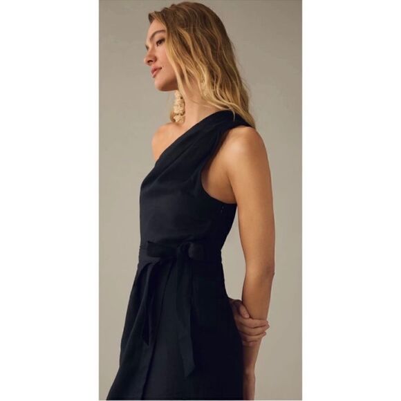 By Anthropologie Black One Shoulder Linen Wrap Dress - Picture 3 of 8